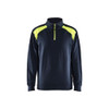 BLAKLADER 3353 High Vis Sweater Dark Navy Blue / Hi-Vis Yellow (Men) in Cotton French Terry – product display image; Application Craftsman, Holster Pockets false, Features 100% cotton; Hi-vis panels