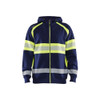 BLAKLADER 3552 High Vis Hoodie Navy Blue / Hi-Vis Yellow (Men) in Cotton French Terry 320 gsm – product display image; Application Craftsman, Holster Pockets false, Features Hi-vis panels; Wide reflectors