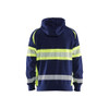BLAKLADER 3552 High Vis Hoodie Navy Blue / Hi-Vis Yellow (Men) in Cotton French Terry – front view; Application Craftsman, Holster Pockets false, Features Hi-vis panels; Wide reflectors