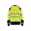 BLAKLADER 3546 High Vis Hoodie Hi-Vis Yellow / Navy Blue (Men) in Polyester Jersey – front view; Application Craftsman, Holster Pockets false, Features Soft, brushed inner; Kangaroo pocket; Wide reflectors