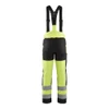 BLAKLADER 1920 High Vis Bib Overall Hi-Vis Yellow / Black (Men) in Water Repellent PolyCotton – front view; Application Chainsaw, Holster Pockets false, Stretch true, Features Stretch panels; Oil and dirt repellent; Water repellent; Pre-bent legs