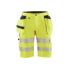 BLAKLADER 1586 High Vis Regular Fit Short Hi-Vis Yellow (Men) in Water-Repellent PolyCotton Twill with Holster Pockets (Stretch panels; CORDURA® reinforced tool pockets; Water repellent; Wide reflectives) – product display image; Application Craftsm…