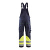 BLAKLADER 2890 Multinorm Bib Overall Navy Blue / Hi-Vis Yellow (Men) in Inherent Flame-Resistant Ripstop with Kneepad Pockets – front view; Holster Pockets false, Kneepad Pockets true, Features Inherent flame resistant; Antistatic quality; CORDURA®…