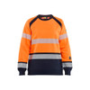 BLAKLADER 3454 Multinorm Sweater Orange / Navy blue (Women) in Cotton – product display image; Features Inherent flame resistant; Antistatic quality; Soft, brushed inner; Wide reflectors