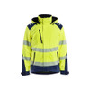 BLAKLADER 4400 High Vis Softshell Jacket Hi-Vis Yellow / Navy Blue (Men) in Waterproof 4-Way Stretch Softshell – product display image; Features 3-layer softshell; Breathable; Detachable hood; Light lined, Stretch true