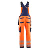 BLAKLADER 2626 High Vis Bib Overall Orange / Navy blue in Polyester with Holster Pockets and Kneepad Pockets – front view; Application Hi-Vis, Holster Pockets true, Stretch false