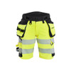 BLAKLADER 7020 High Vis Short Hi-Vis Yellow / Black (Women) in Polyester with Holster Pockets (4-way stretch; Detachable tool pockets; CORDURA® reinforced tool pockets; Body-hugging fit) – product display image; Holster Pockets true, Kneepad Pockets…