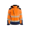 BLAKLADER 4400 High Vis Softshell Jacket Orange / Navy blue (Men) in Waterproof 4-Way Stretch Softshell – product display image; Application Hi-Vis, Features 3-layer softshell; Breathable; Detachable hood; Light lined, Stretch true