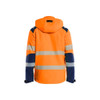 BLAKLADER 4400 High Vis Softshell Jacket Orange / Navy blue (Men) in Waterproof 4-Way Stretch Softshell – front view; Application Hi-Vis, Features 3-layer softshell; Breathable; Detachable hood; Light lined, Stretch true