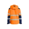 BLAKLADER 4400 High Vis Softshell Jacket Orange / Navy blue (Men) in Waterproof 4-Way Stretch Softshell – front view; Application Hi-Vis, Features 3-layer softshell; Breathable; Detachable hood; Light lined, Stretch true