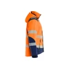 BLAKLADER 4400 High Vis Softshell Jacket Orange / Navy blue (Men) in Waterproof 4-Way Stretch Softshell – side view; Application Hi-Vis, Features 3-layer softshell; Breathable; Detachable hood; Light lined, Stretch true