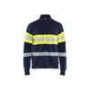 BLAKLADER 3462 Multinorm Sweater Navy Blue / Hi-Vis Yellow (Men) in Inherent Flame-Resistant Fleece – product display image; Features Inherent flame resistant; Antistatic quality; Soft, brushed inner; Metal free