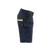BLAKLADER 1494 Service Relaxed Fit Short Dark Navy Blue / Hi-Vis Yellow (Men) in PolyCotton Ripstop 250 gsm with Holster Pockets (CORDURA® reinforced tool pockets; Raised waist at the back; Loose fit) – side view; Holster Pockets true, Kneepad Pocke…