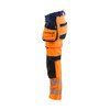 BLAKLADER 7022 High Vis Trouser Orange / Navy blue (Women) in Polyester with Holster Pockets and Kneepad Pockets – alternate side view; Application Hi-Vis, Holster Pockets true, Features 4-way stretch; Detachable tool pockets; CORDURA® reinforced to…