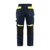 BLAKLADER 1555 Craftsman Regular Fit Trouser Dark Navy Blue / Hi-Vis Yellow (Men) in Durable PolyCotton Twill 300 gsm with Holster Pockets and Kneepad Pockets – product display image; Holster Pockets true, Features CORDURA® stretch reinforced knee p…