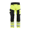 BLAKLADER 1124 High Vis Trouser Hi-Vis Yellow / Black (Men) in Polyester with Holster Pockets and Kneepad Pockets – product display image; Holster Pockets true, Features 4-way stretch; CORDURA® reinforced knee pad pockets; Pre-bent legs; Reinforced…