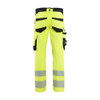 BLAKLADER 1124 High Vis Trouser Hi-Vis Yellow / Black (Men) in Polyester with Holster Pockets and Kneepad Pockets – front view; Holster Pockets true, Features 4-way stretch; CORDURA® reinforced knee pad pockets; Pre-bent legs; Reinforced pockets