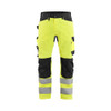 BLAKLADER 1703 High Vis Regular Fit Trouser Hi-Vis Yellow / Black (Men) in Cotton with Kneepad Pockets – product display image; Holster Pockets false, Kneepad Pockets true, Features CORDURA® reinforced knee pad pockets; Water repellent; Pre-bent leg…