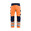 BLAKLADER 1703 High Vis Regular Fit Trouser Orange / Navy blue (Men) in Cotton with Kneepad Pockets – product display image; Application Hi-Vis, Holster Pockets false, Kneepad Pockets true, Features CORDURA® reinforced knee pad pockets; Water repell…