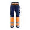 BLAKLADER 1708 High Vis Regular Fit Trouser Navy blue / Orange (Men) in Water-Repellent PolyCotton Twill 240 gsm with Kneepad Pockets – front view; Application Hi-Vis, Holster Pockets false, Kneepad Pockets true, Features CORDURA® reinforced knee pa…