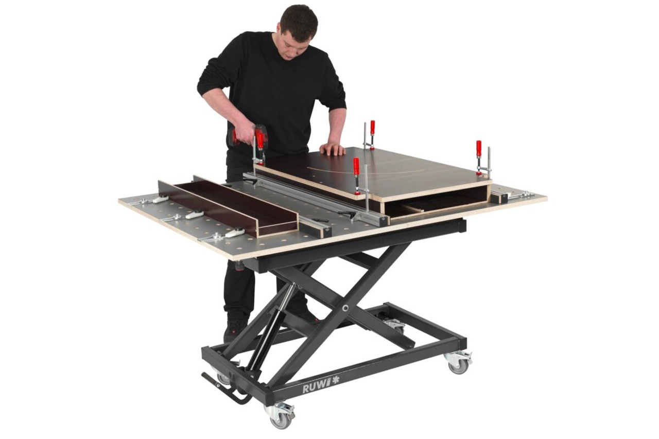 Craftsman Hardware supplies Swiveling HPL Perforated Top for Lifting Table from RUWI with 20mm Holes + Drawer for the Cabinet Making Industry and Operators in Glen Waverley, Bayswater and Mitcham