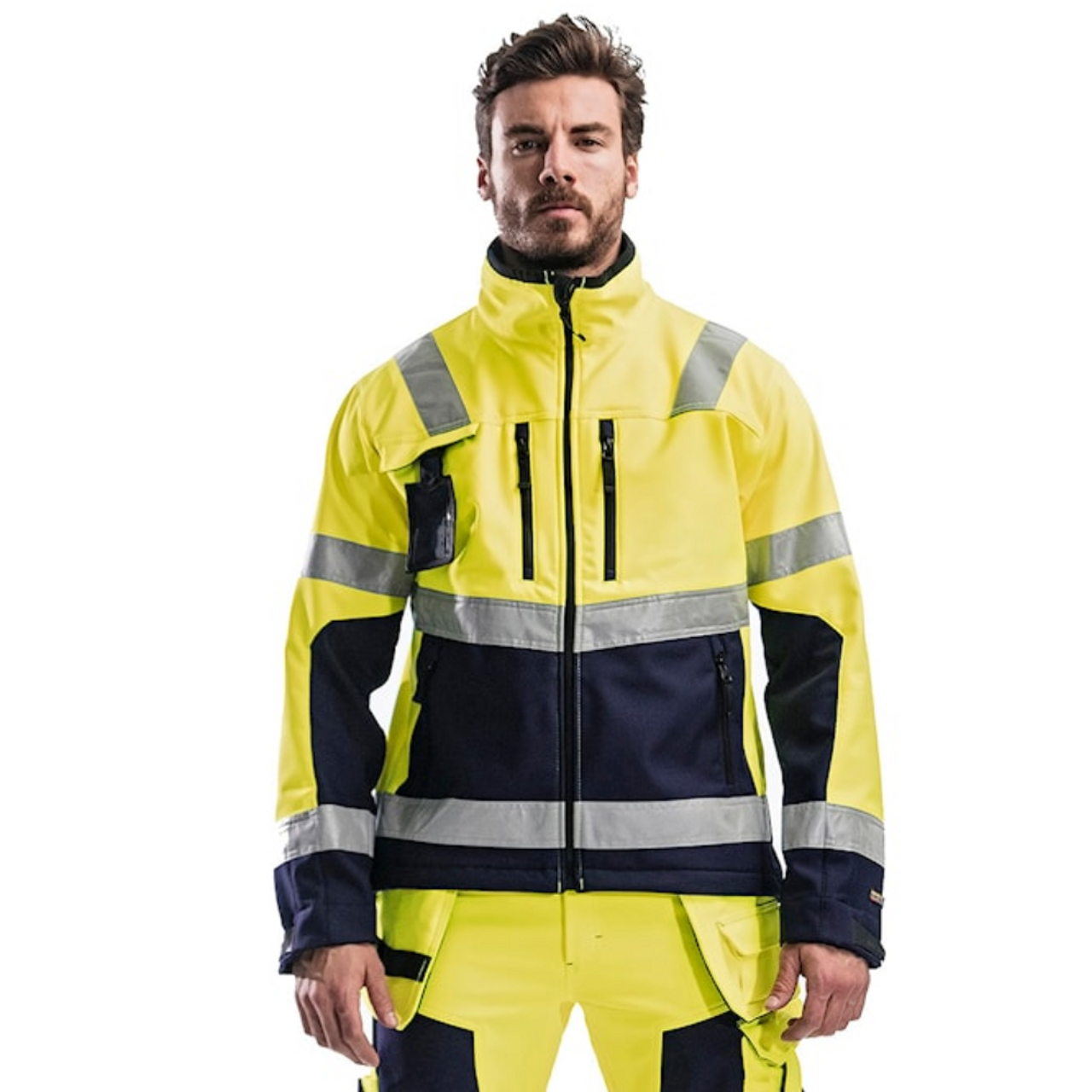 BLAKLADER Jacket | 4900 Mens High Vis Yellow /Navy Blue Jacket with Reflective Tape in Softshell