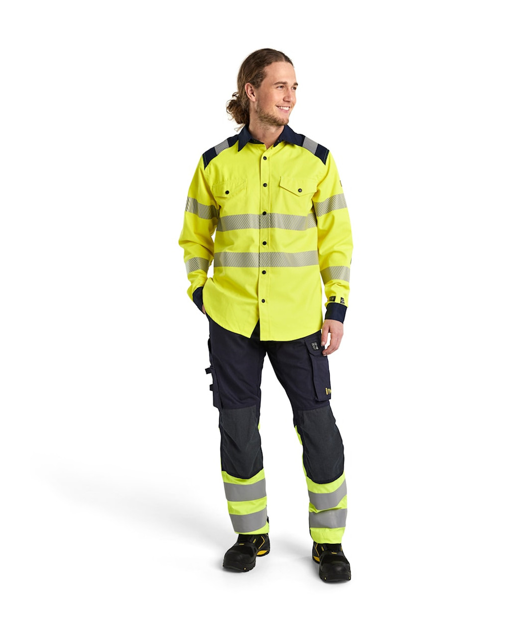 BLAKLADER Durable Poly/Cotton Blend High Vis Yellow  Shirt is flame-retardant and non-metal shirt meets high-visibility Class 2 and Class 3 standards, ensuring maximum visibility.