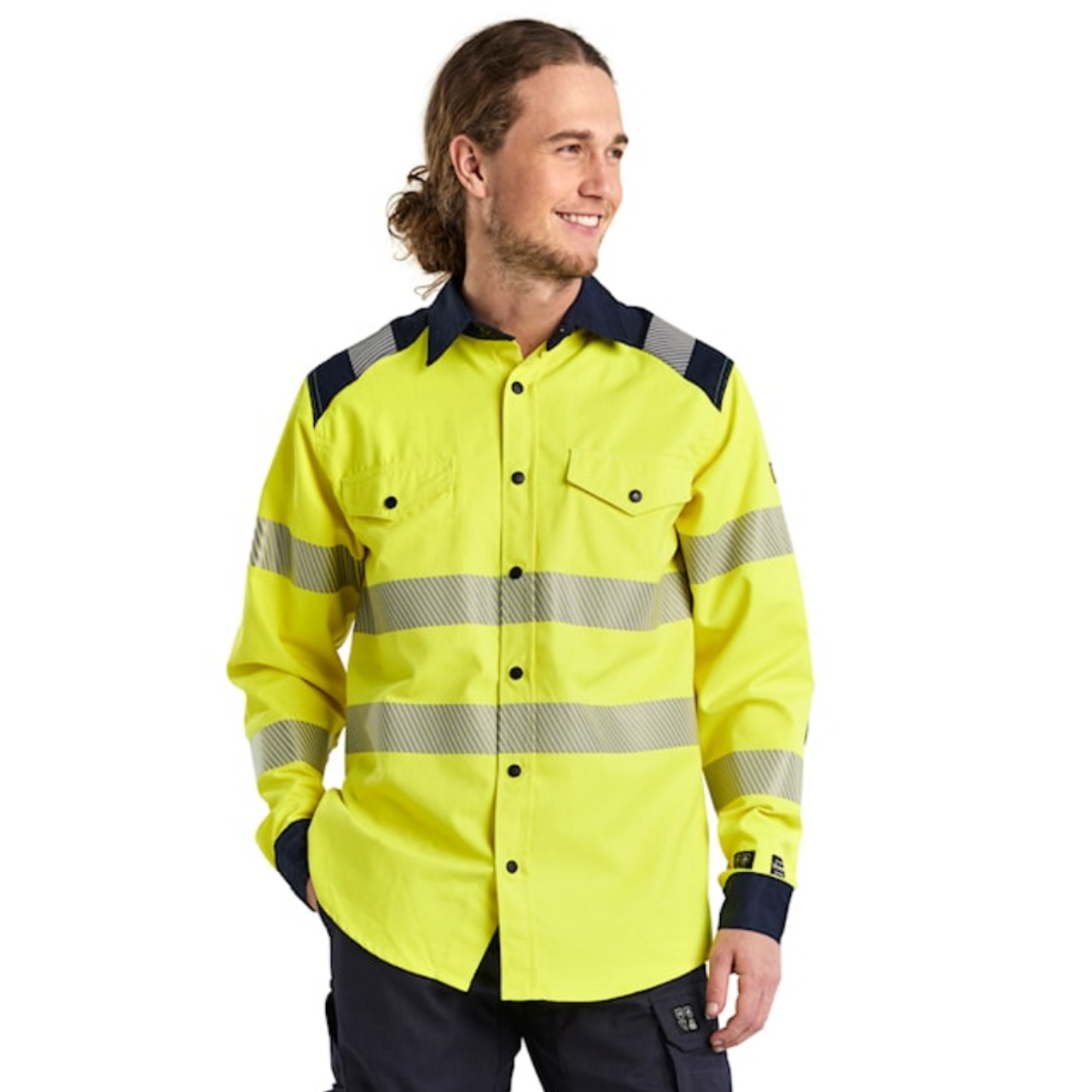 The BLAKLADER 3239 High Vis Yellow/Navy Blue Anti-Flame Multinorm Shirt is designed for safety and comfort in hazardous work environments.