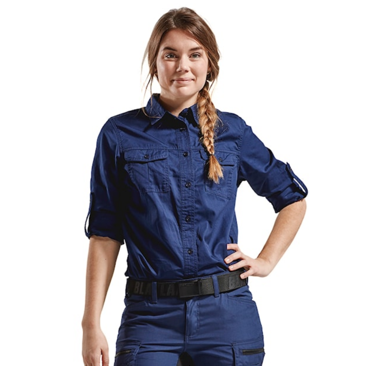 The BLAKLADER 3208 Women's Navy Blue Long Sleeve Twill Shirt is designed with a tailored women's cut for a flattering fit.