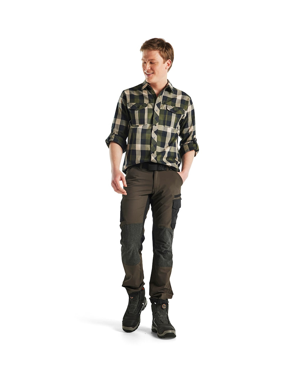 BLAKLADER 3299 Mens Olive Green / Black Long Sleeve Flannel Shirt, features a classic cut and a loose fit for enhanced comfort.