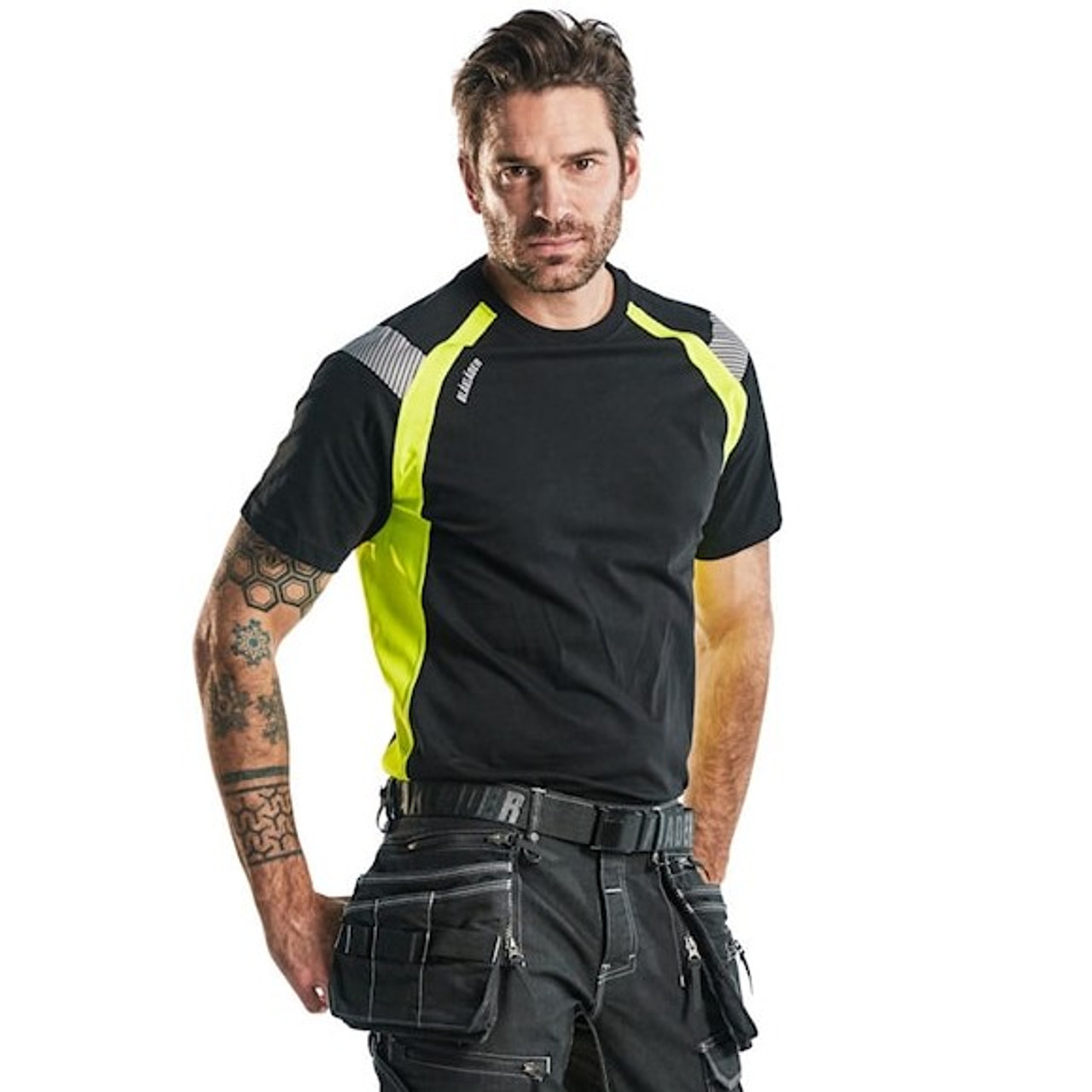 BLAKLADER Polyester Black  T-Shirt  for Carpenters that have UV Protection Reflective Tape  available in Australia and New Zealand