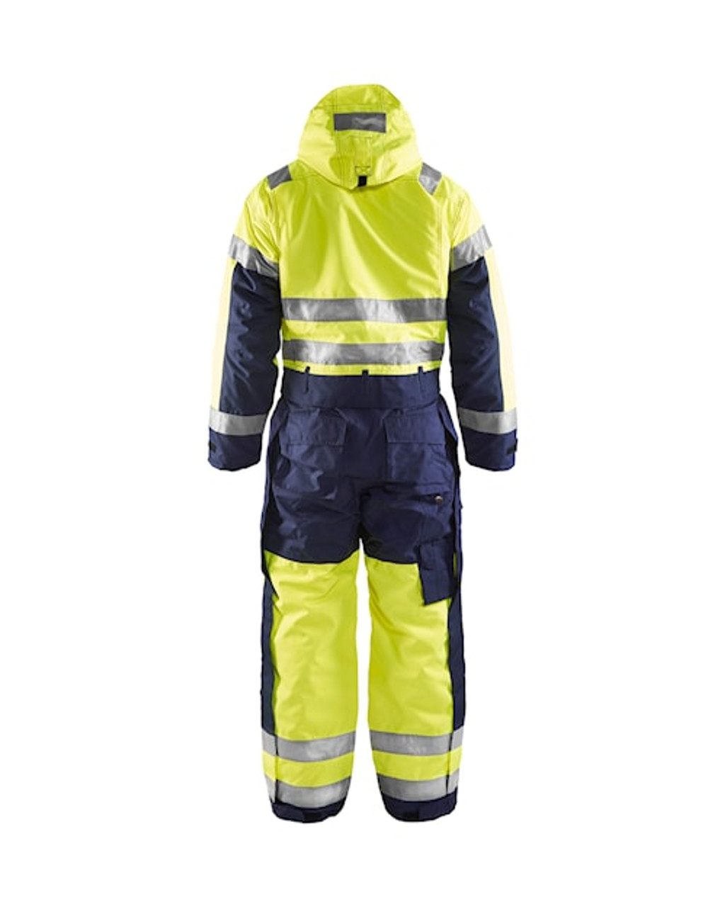 BLAKLADER Coveralls | 6763 Winter High Vis Yellow /Navy Blue Coveralls with Kneepad Pockets and Hood in Polyester