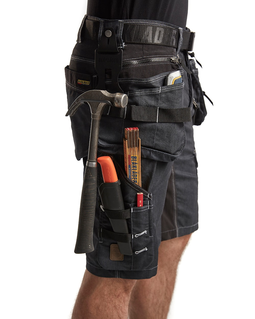 BLAKLADER Shorts 1992 with Holster Pockets  for BLAKLADER Shorts | 1992 Mens Craftsman Black / White Shorts with Holster Pockets Denim with Stretch that have Configuration available in Carpentry