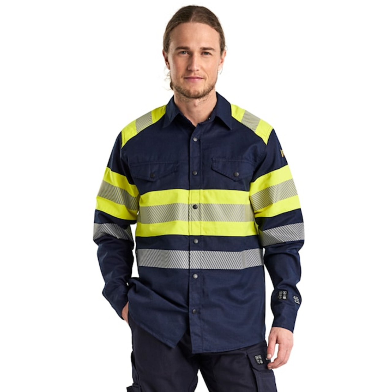 BLAKLADER Durable Poly/Cotton Blend Navy Blue  Shirt , certified under multiple standards, including EN 1149-5 and EN ISO 11612, this shirt is a reliable choice for those in hazardous work settings.