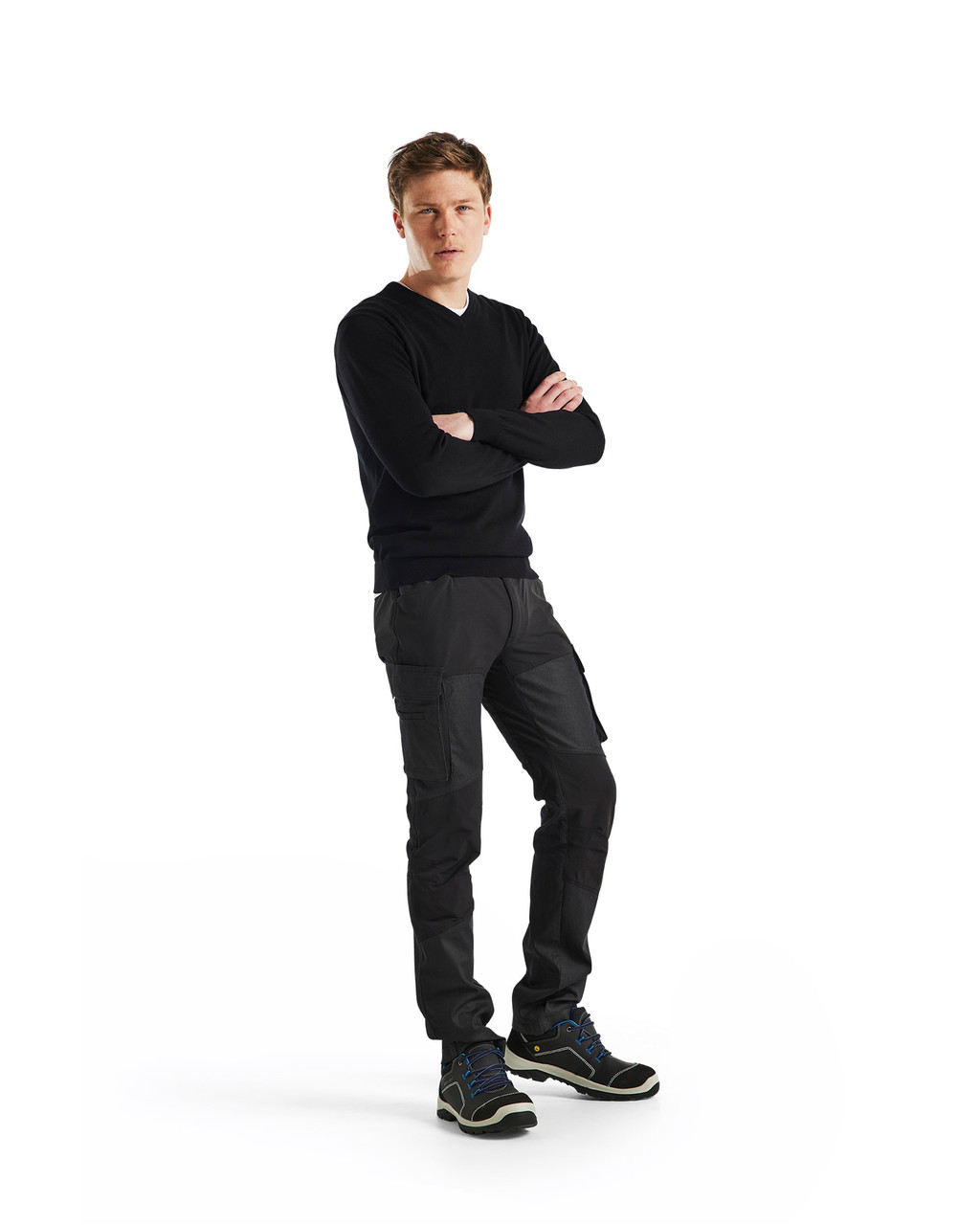 BLAKLADER 1457 Service Navy Blue Trousers with Kneepad Pockets Scratch Free Denim with Stretch