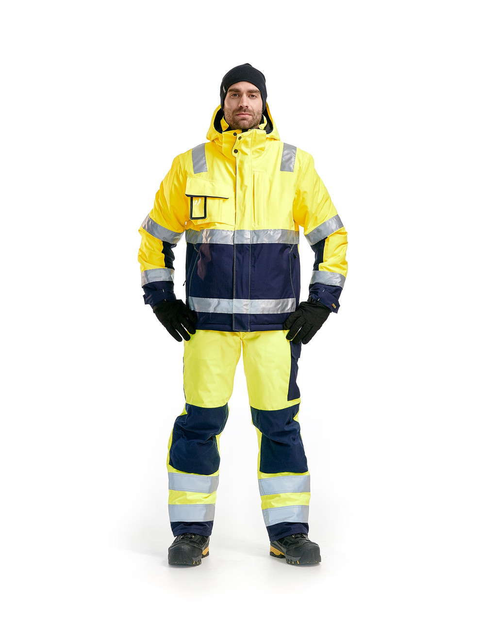 blaklader, blaklader workwear, cold weather, warm, lined, zip, trousers, insulated, lined, watertight, windproof, snow, wet, skiing, snowboard trousers, shell trousers, reflective tape, outdoors, high visibility, gaiter, hi vis, cold weather, antarctica, arctic, 1885, yellow