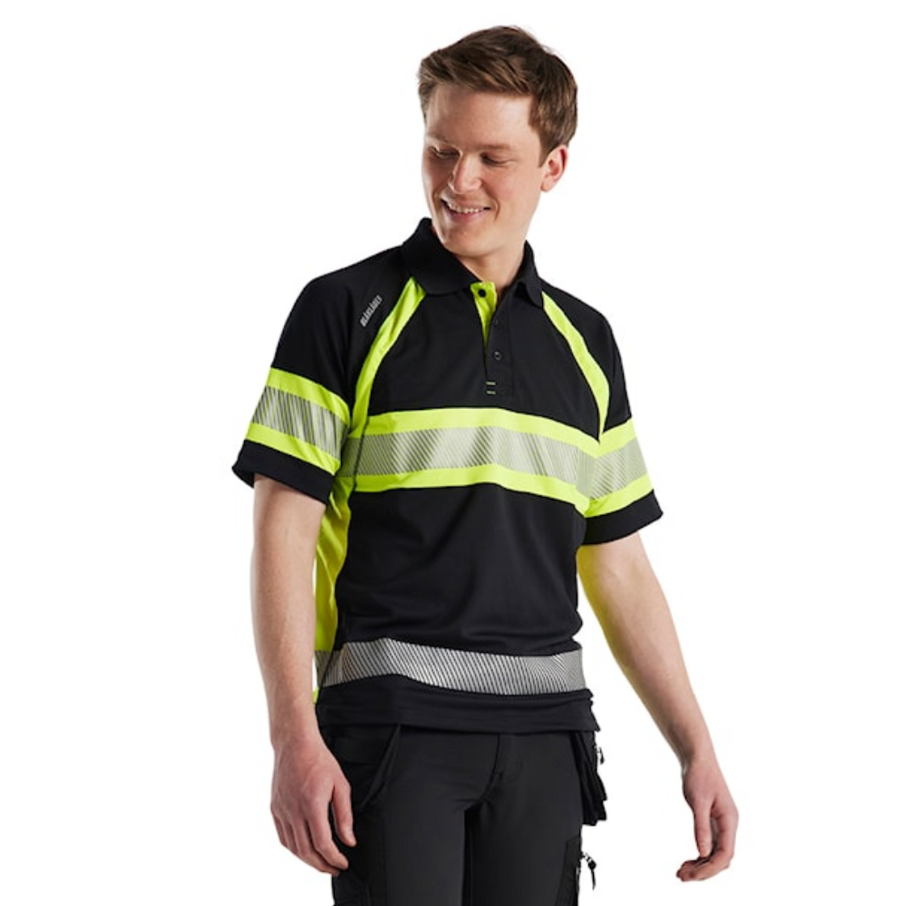 Stay comfortable and visible with the BLAKLADER 3338 Men's Black / High Vis Yellow UV Protection Profile Polo Shirt.