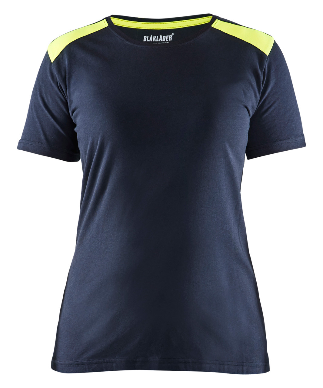 The BLAKLADER 3479 Women's Dark Navy Blue / Yellow Two Tone Shirt is specifically designed to flatter the female figure while providing a professional appearance.