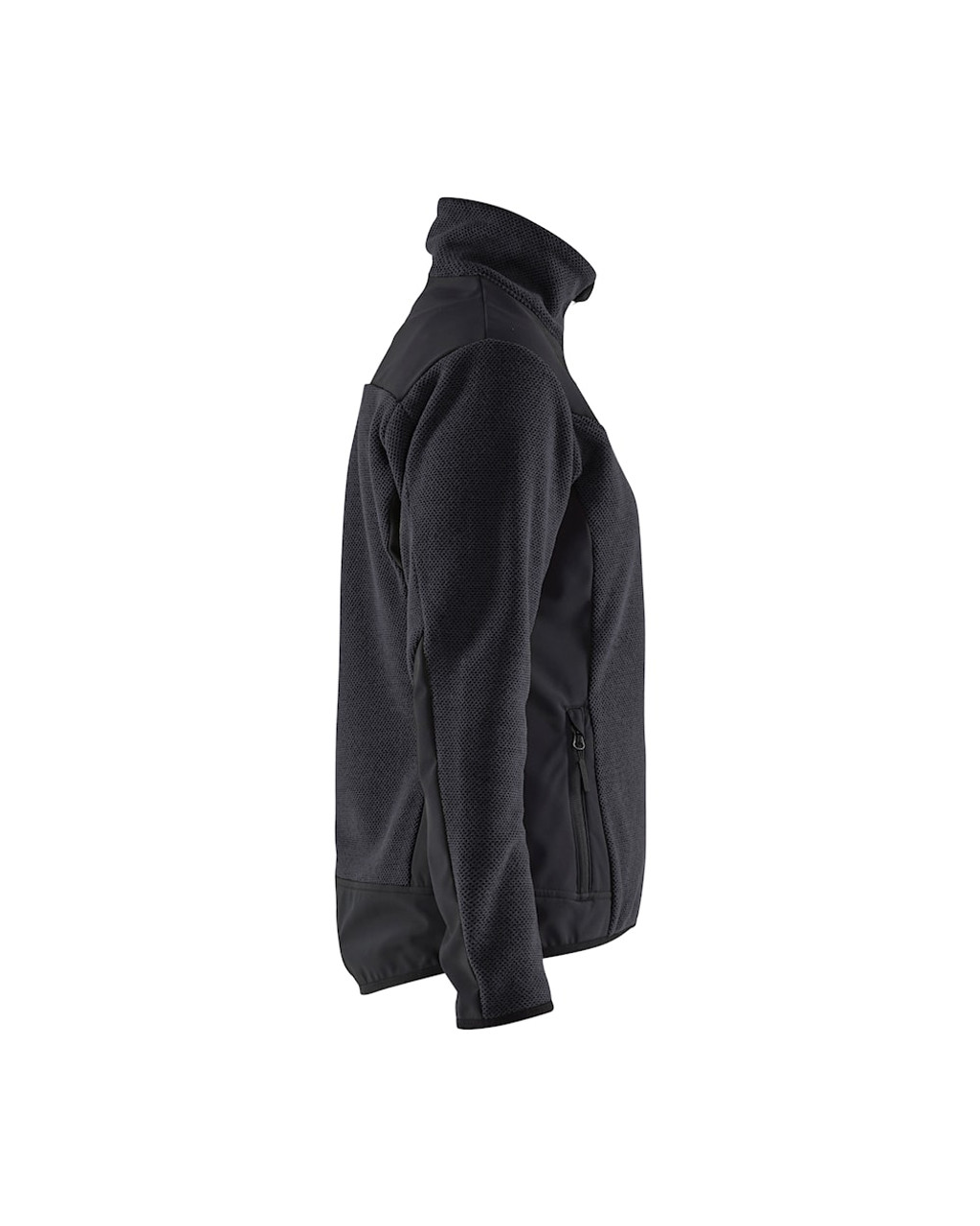 BLAKLADER Fleece Jacket 5943 Womens Dark Grey /Black Jacket Knitted with Full Zip in Polyester Fleece,  it includes a two-way plastic zipper, an inner wind flap, and multiple zippered pockets for added convenience.