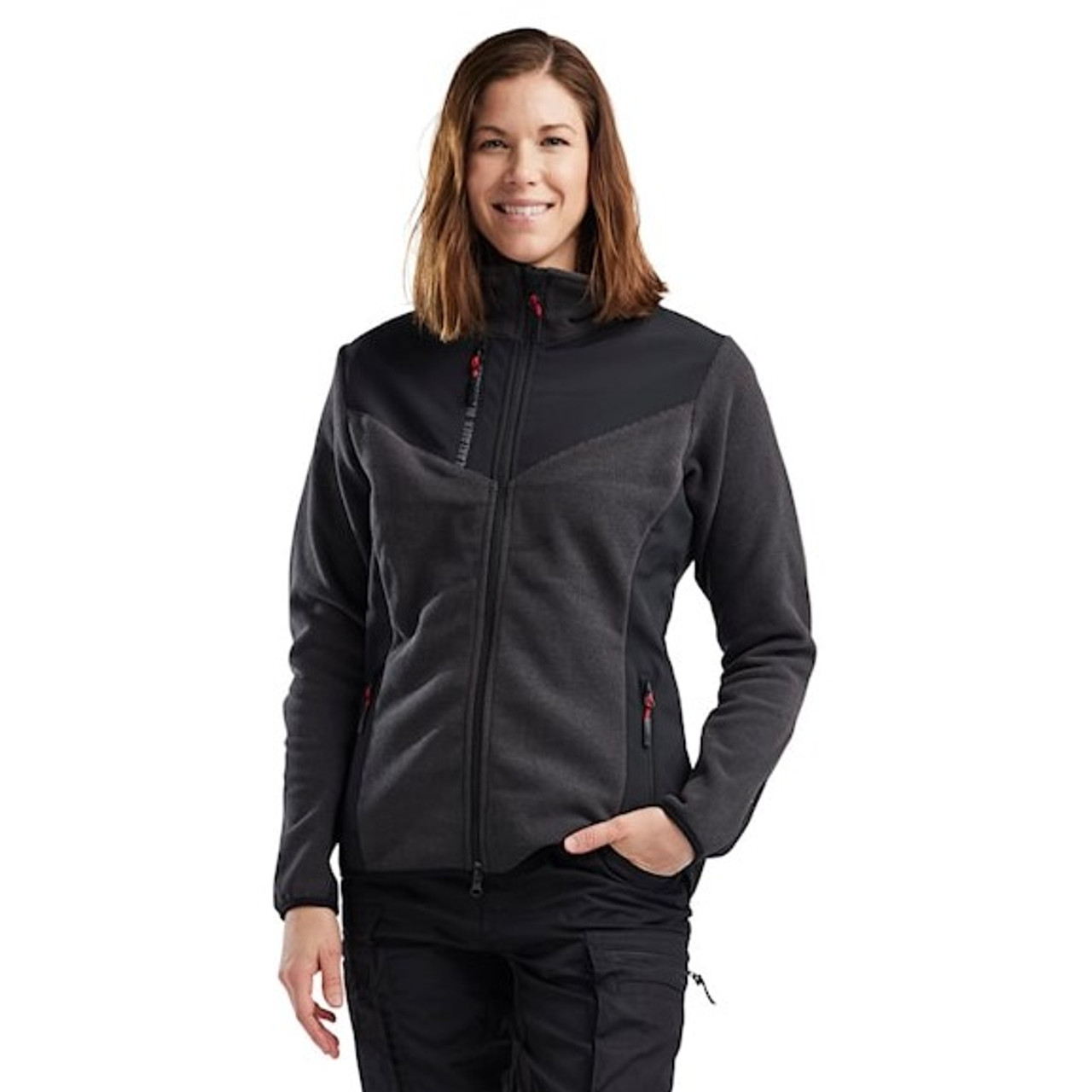 Stay warm and stylish with the BLAKLADER 5943 Women's Dark Grey/Black Sweater Jacket.