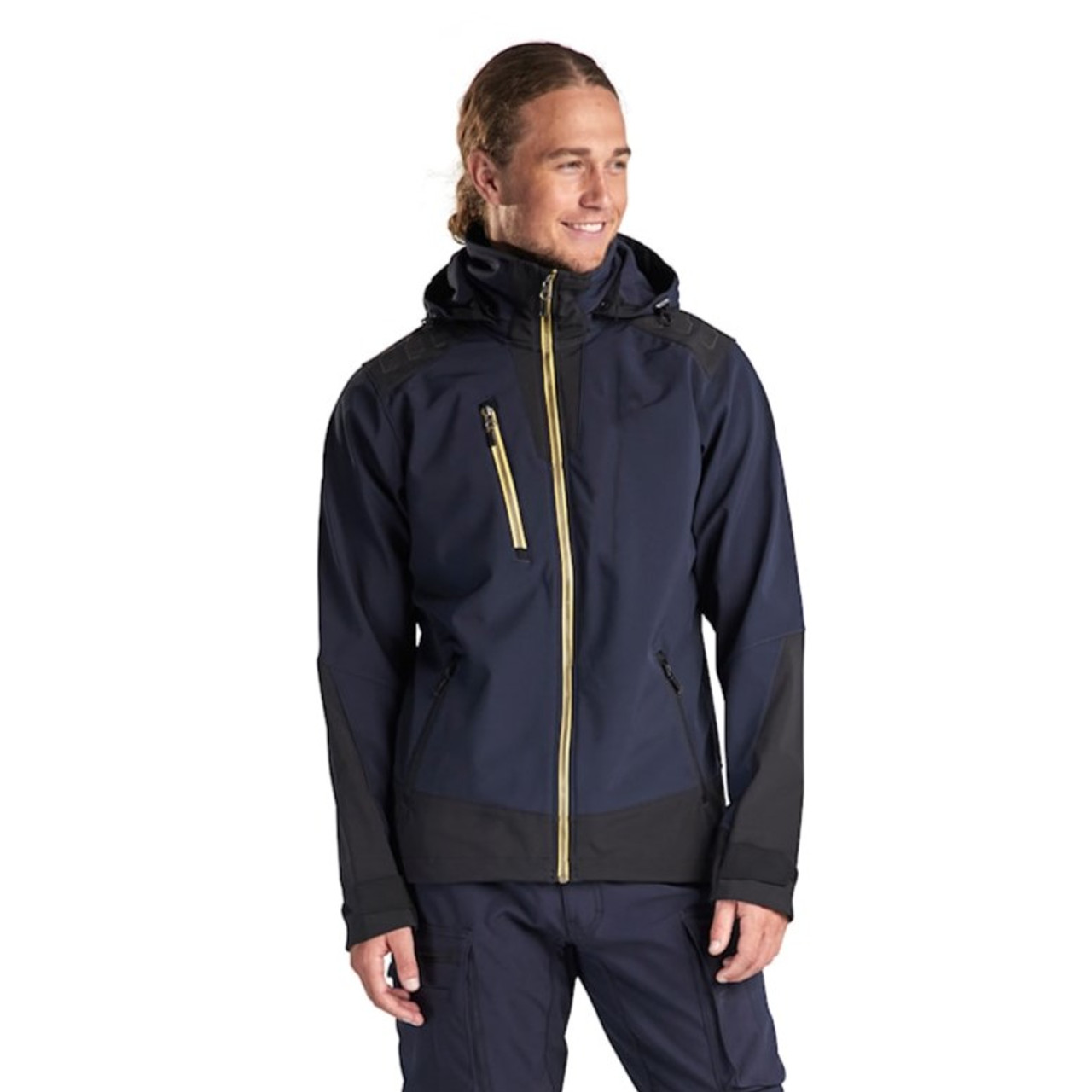The Blaklader 4749 jacket in Dark Navy Blue with Yellow details is a stylish choice for work and leisure.