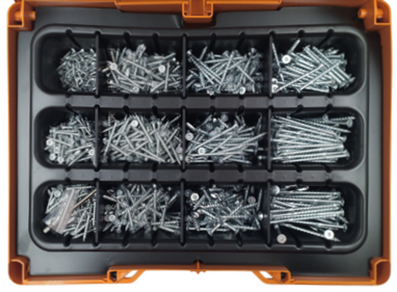 Assorted Countersunk Screws and various sizes and length  from HECO stored in a mobile storage solution with a  Systainer M137 SYS³ Deep Orange