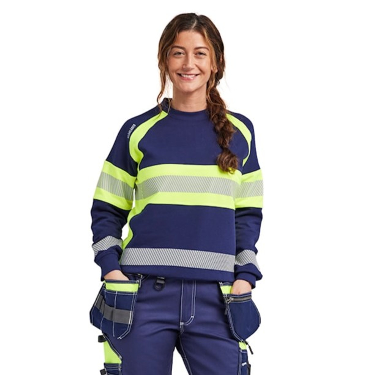 BLAKLADER Pullover  3409  with  for BLAKLADER Pullover  | 3409 Womens Navy Blue / High Vis Yellow Pullover with Reflective Tape Cotton that have  available in Australia and New Zealand