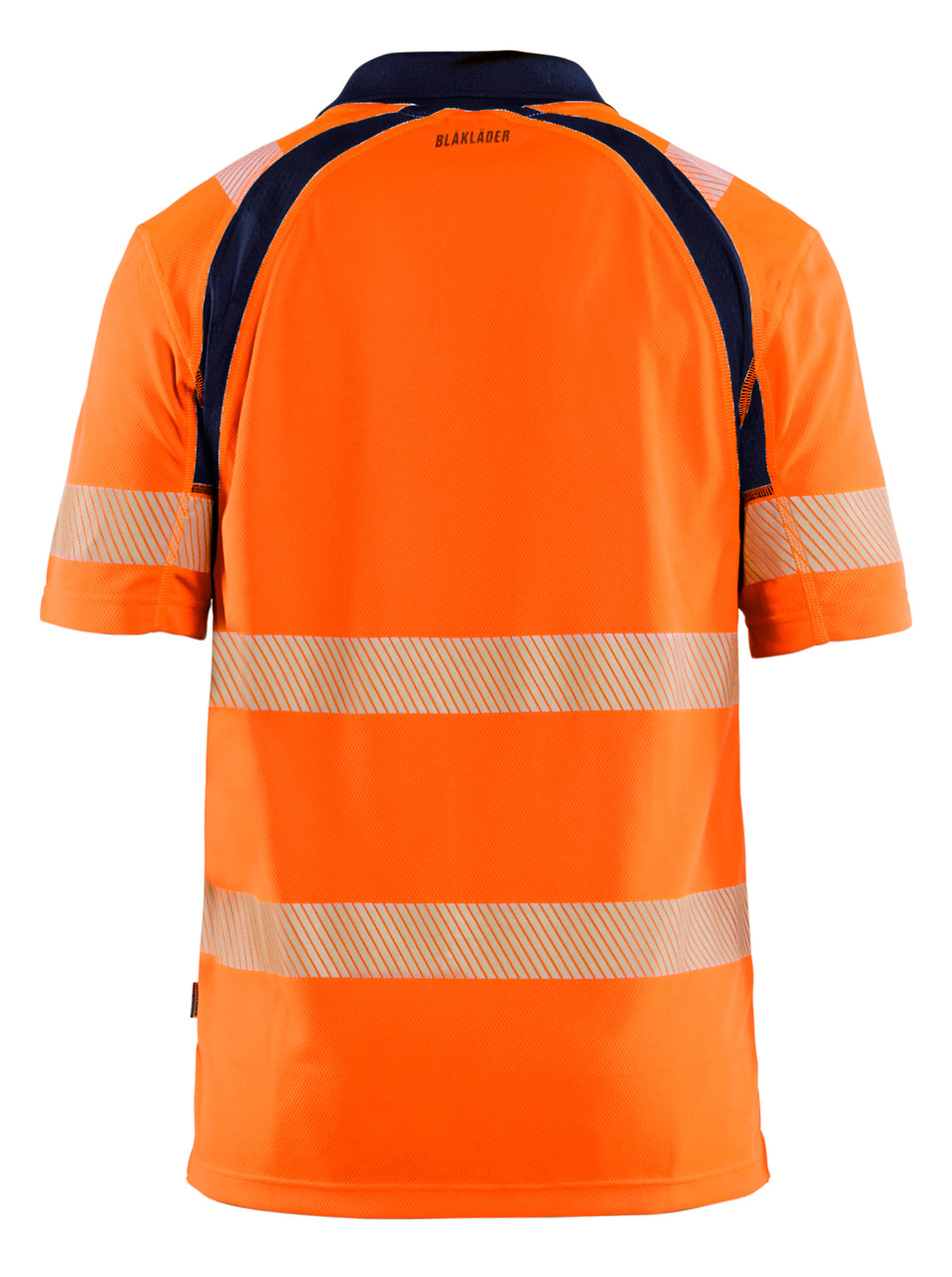 BLAKLADER Polyester High Vis Yellow  Polo Shirt  designed for outdoor work, this functional polo features segmented reflective tape and strategically placed mesh panels for optimal moisture wicking and UV protection.