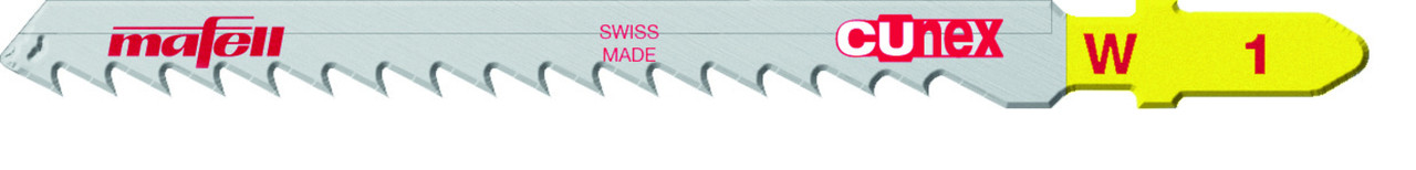 The MAFELL CUnex W1 75mm Fast Cut Jigsaw Blade is engineered for high-performance cutting in solid timber and various board materials