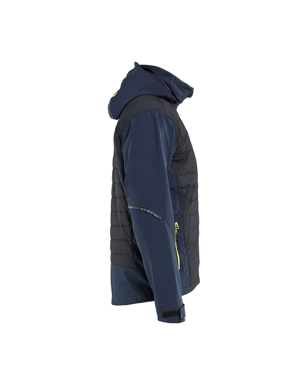 The BLAKLADER Jacket model 4743 in Navy Blue/Yellow features Hybrid design, delivers Waterproof and is crafted from durable Softshell for reliable all‑weather protection.