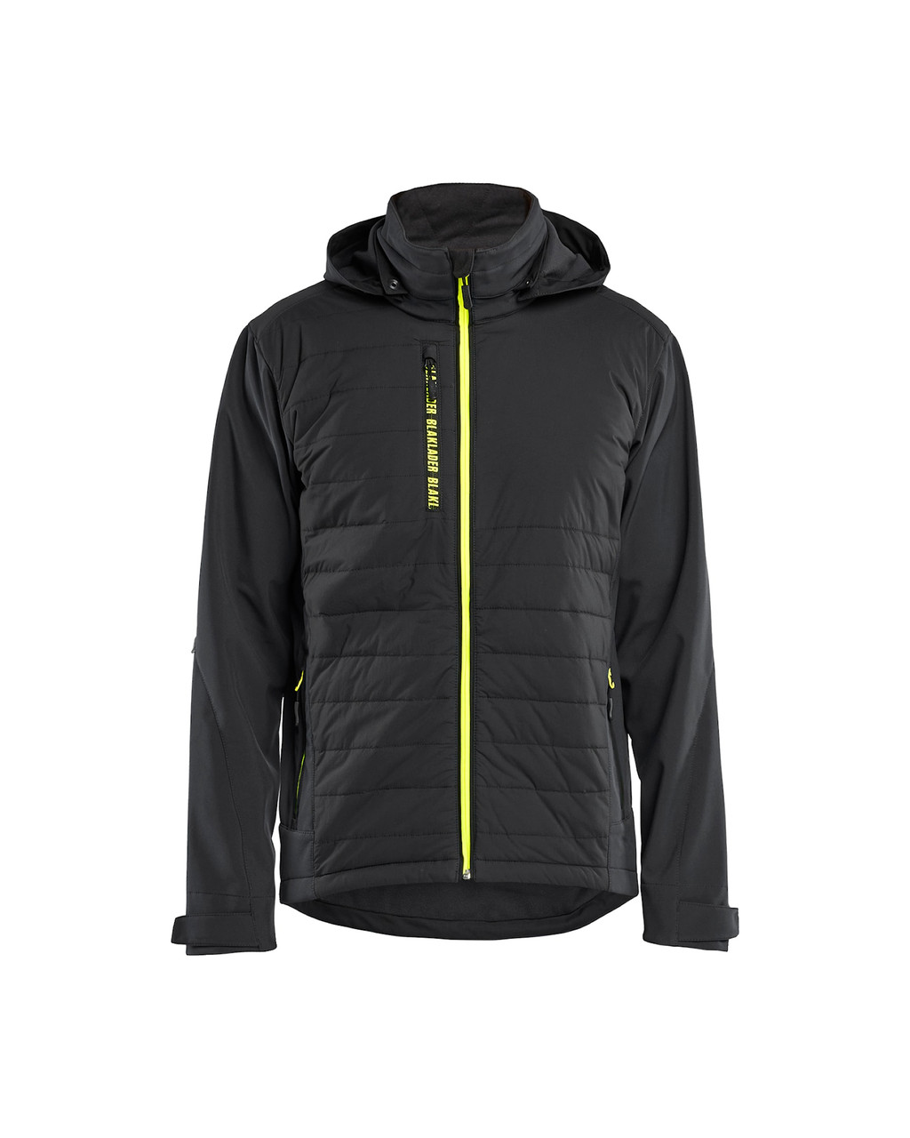 Built for adventure, the BLAKLADER Jacket model 4743 in Black/Yellow features Hybrid, Waterproof technology, and rugged Softshell fabrication.