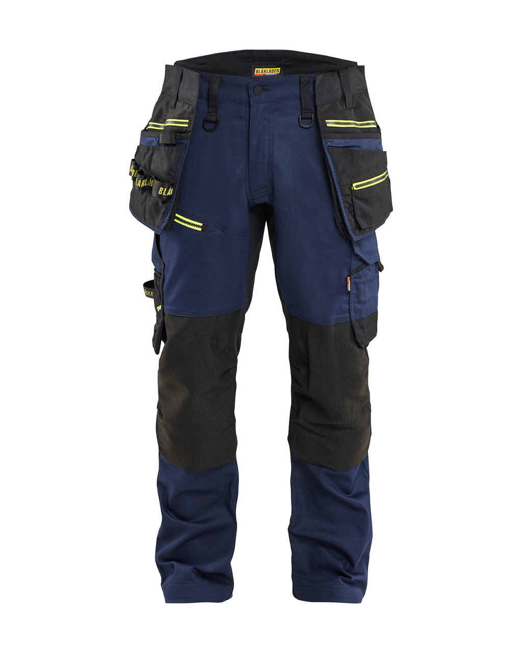 Crafted by BLAKLADER, the Work Pants model 1970 in Dark Navy Blue / Yellow features Kneepad Pockets, offering Detachable Holster Pockets, and built from 2-Way Stretch for reliable workwear performance.