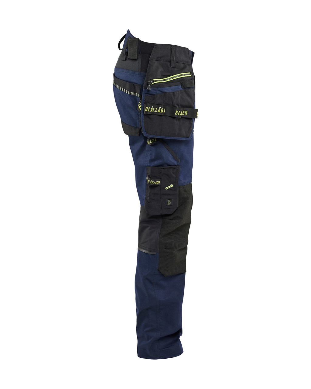 The BLAKLADER Work Pants model 1970 in Dark Navy Blue / Yellow features Kneepad Pockets overlays on hard‑wearing 2-Way Stretch for true carpentry freedom.