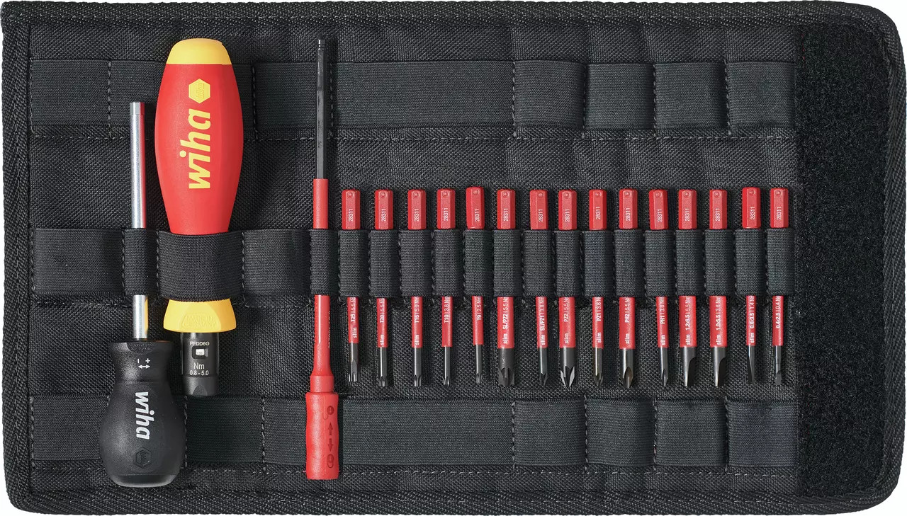 The WIHA Screwdriver 19pce VDE/1000V Slim Torque Screwdriver Set is a comprehensive tool kit designed for safe and controlled screw tightening in electronic applications.